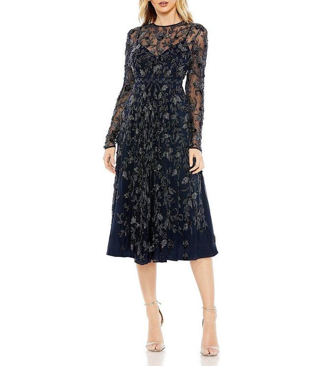 Mac Duggal Illusion Crew Neck Long Sheer Sleeve Beaded A-Line Midi Dress Product Image