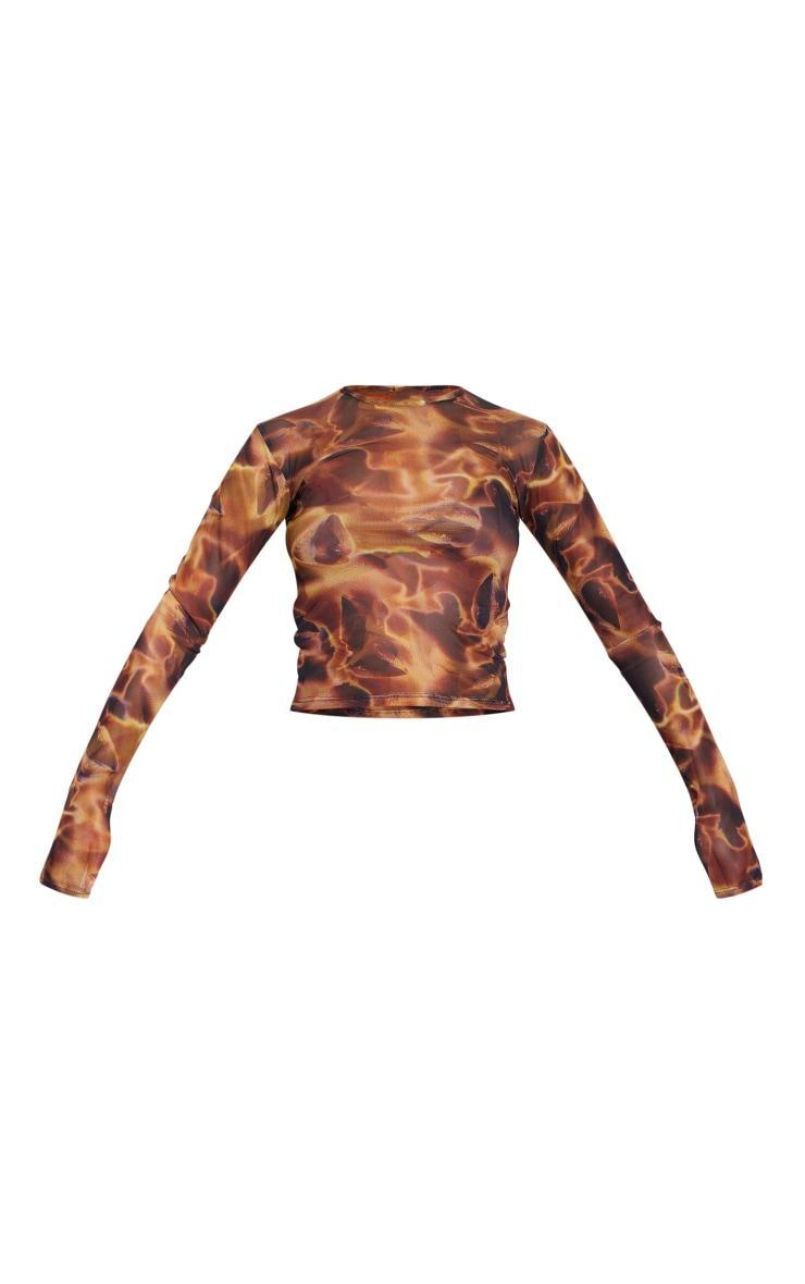 Brown Mesh Printed Long Sleeve Top Product Image