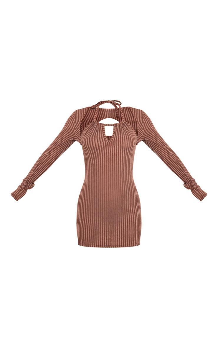 Brown Textured Cut Out Halter Neck Mini Dress Product Image