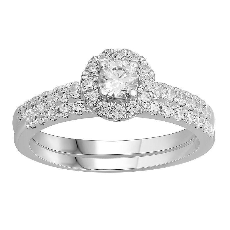 Platinum 1 Carat T.W. Diamond Halo Engagement Ring Set, Womens White Product Image