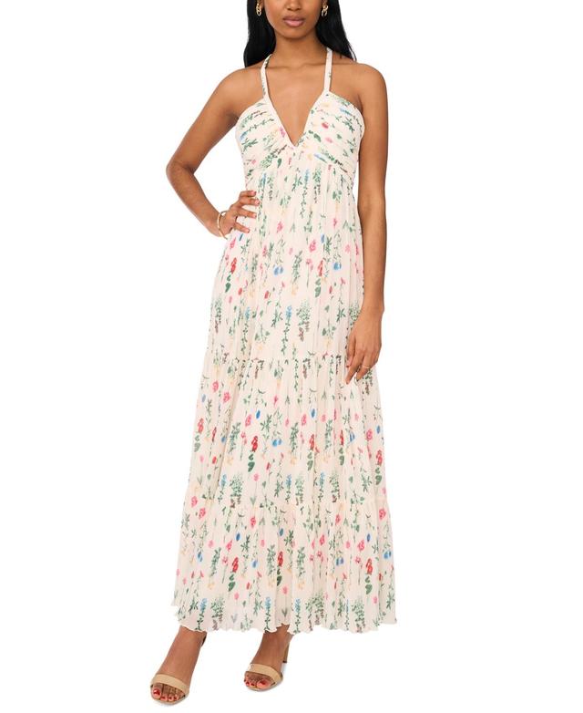 CeCe Womens Printed Plunge-Neck Maxi Dress - Ivory Product Image