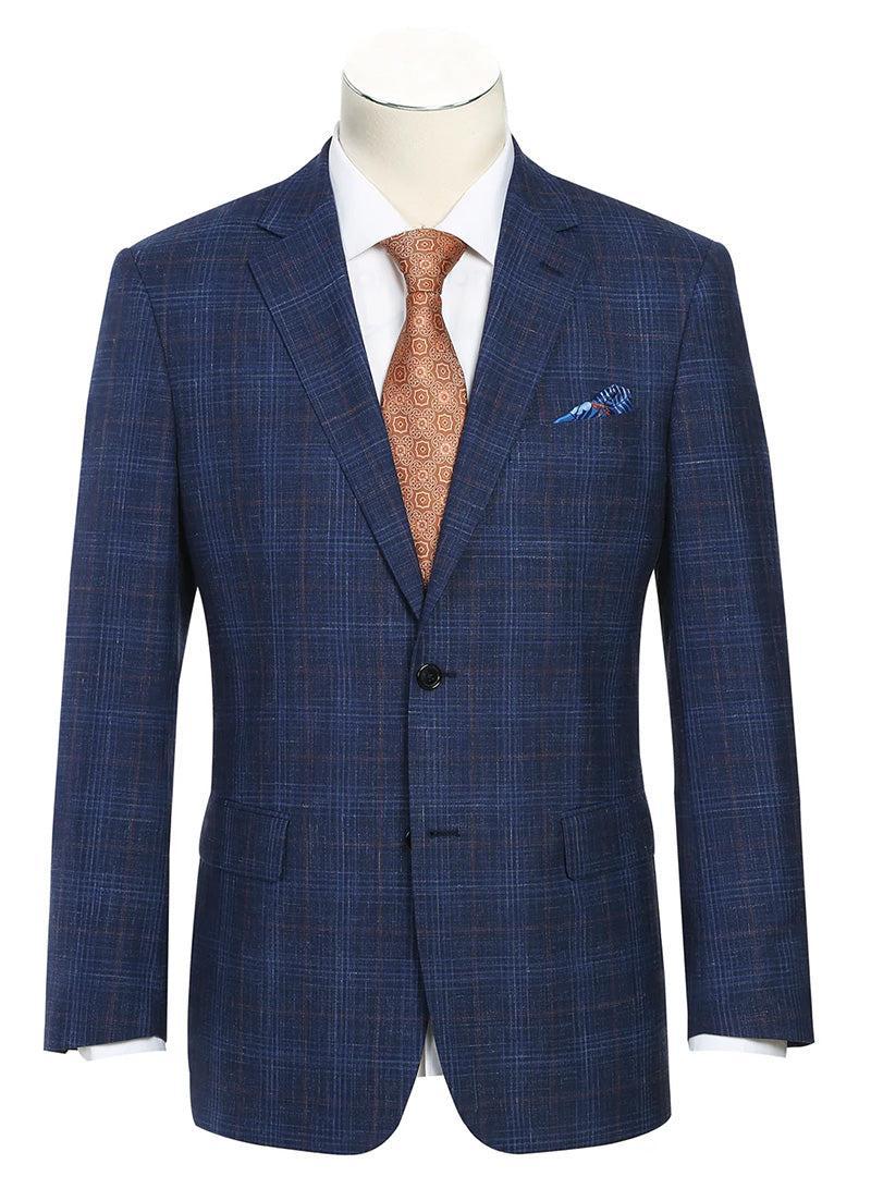 Regular Fit Wool & Linen Blue Plaid Blazer Product Image