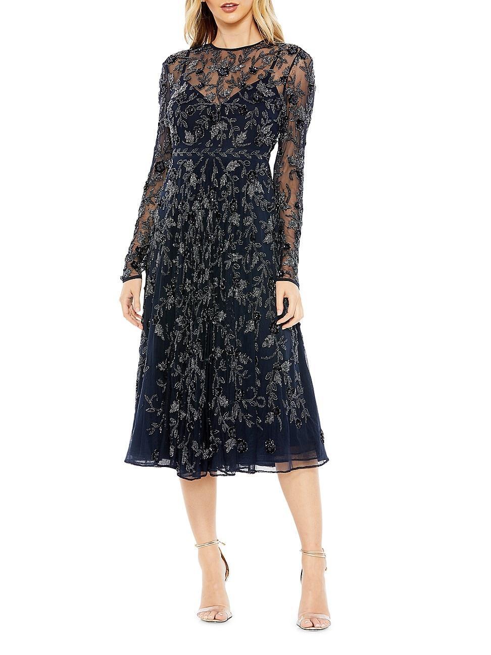 Mac Duggal Beaded Floral Long Sleeve Cocktail Midi Dress Product Image