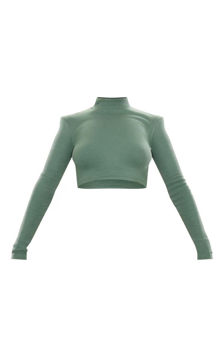 Forest Green Ribbed Basic High Neck Long Sleeve Crop Top Product Image