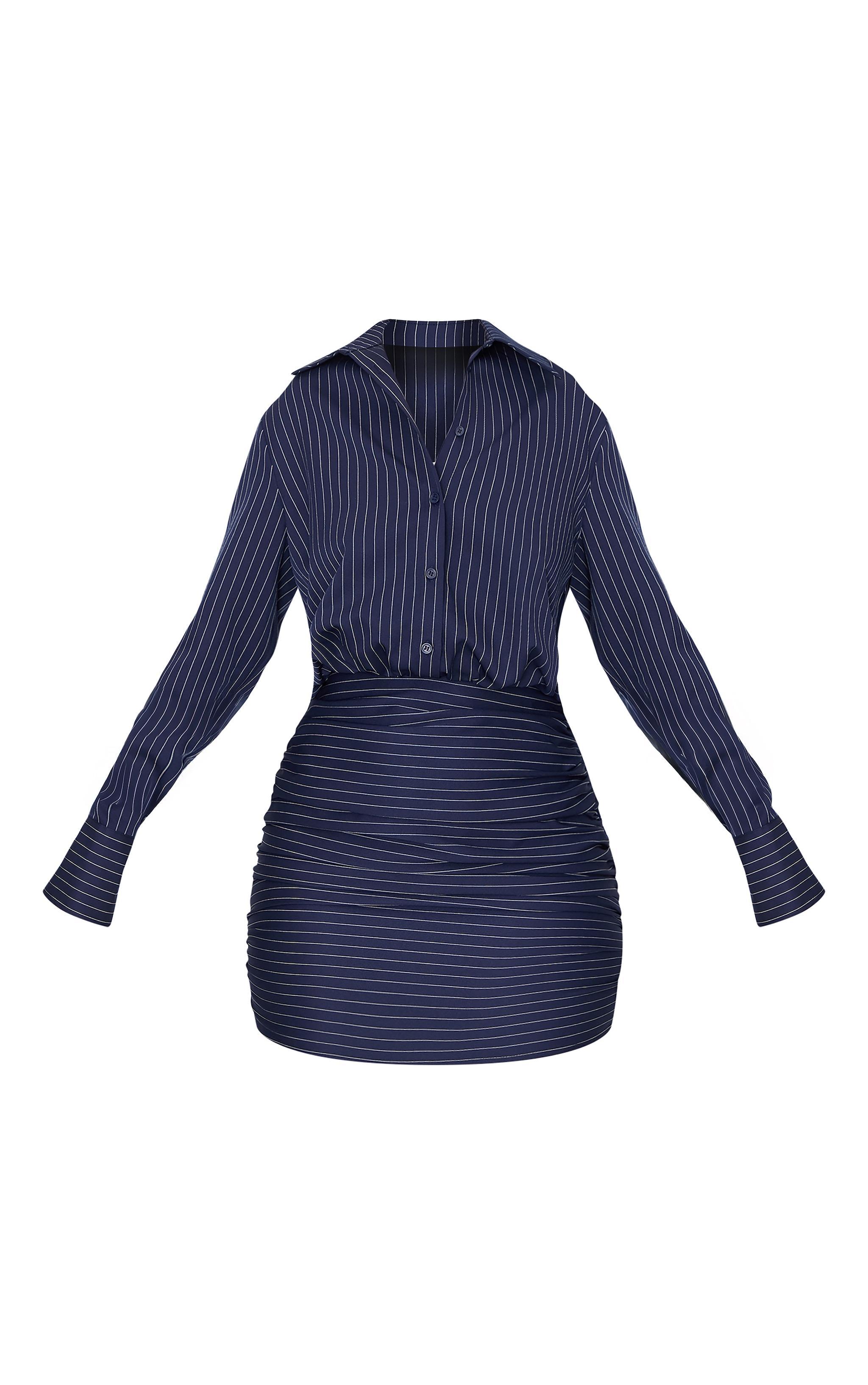 Tall Navy Pinstripe Shirt Ruched Mini Dress Product Image