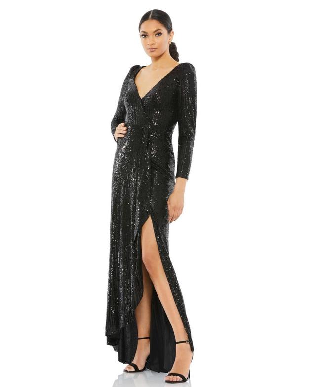 Mac Duggal Womens Ieena Sequined Faux Wrap Long Sleeve Gown Product Image