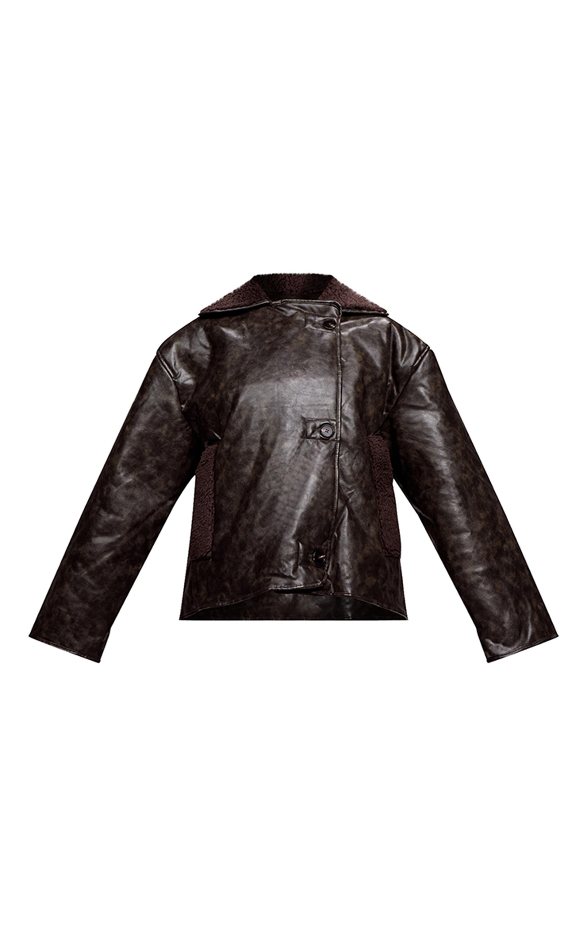 Chocolate Distressed Faux Leather Borg Contrast Aviator Jacket Product Image