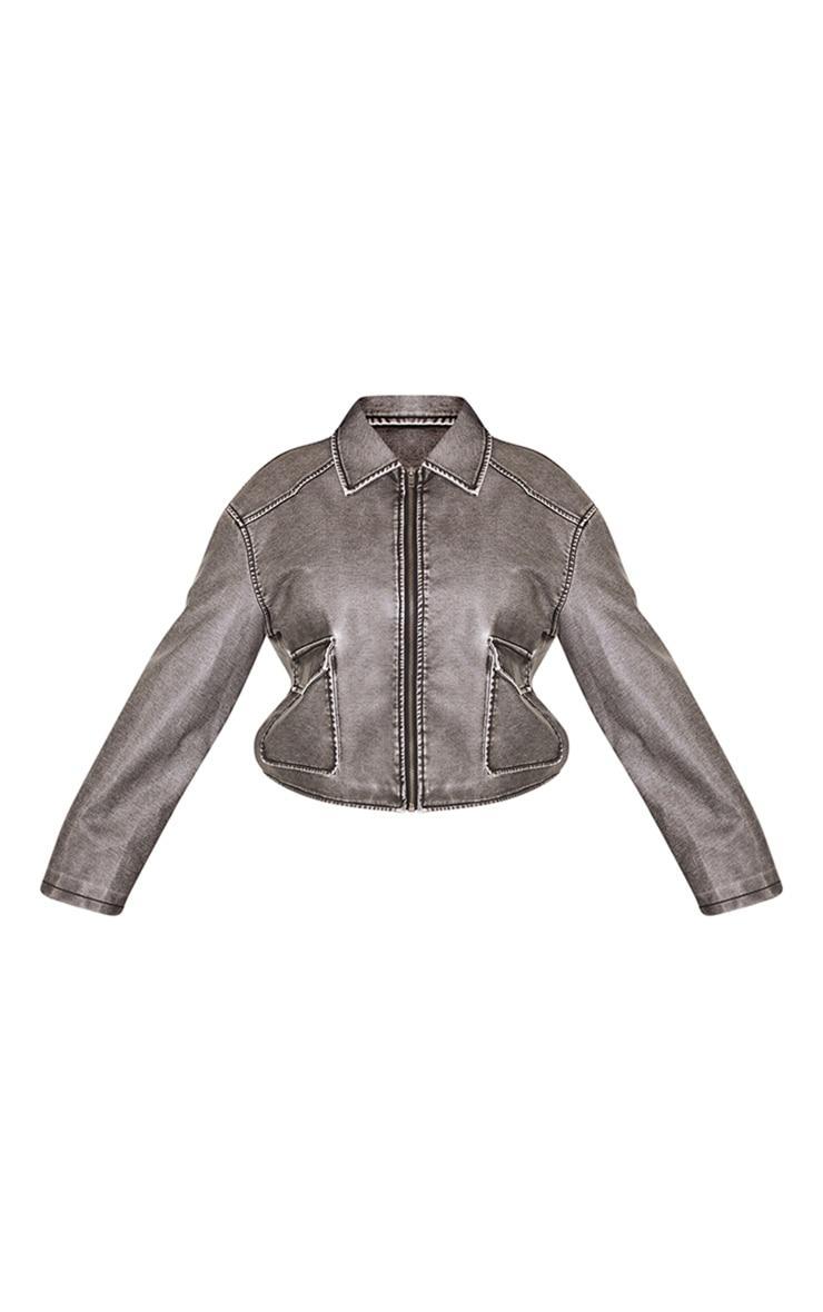 Plus Black Distressed Faux Leather Cropped Biker Jacket Product Image