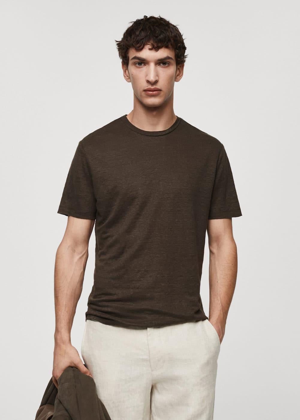 MANGO MAN - Slim-fit 100% linen t-shirt brownMen Product Image