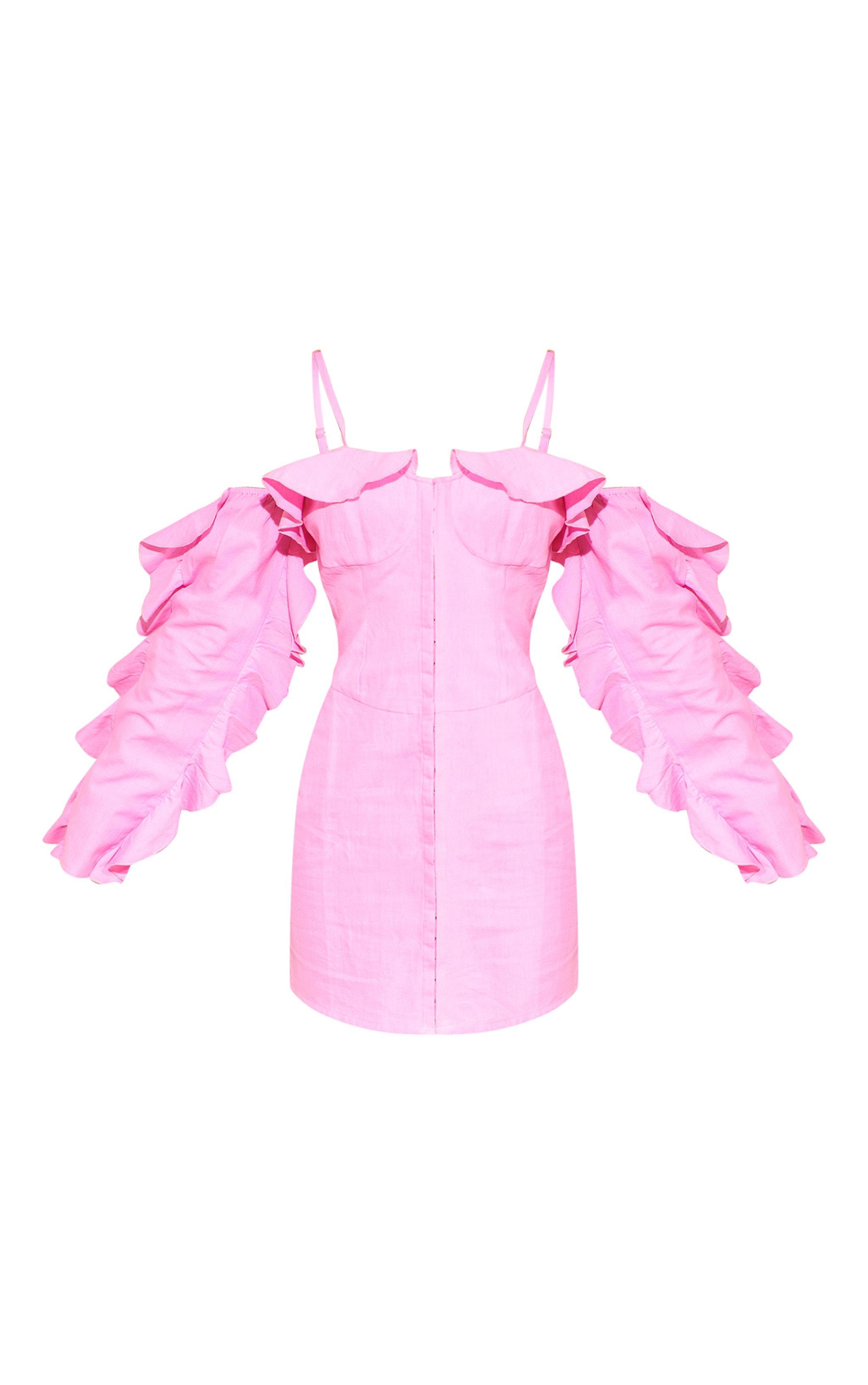 Pink Linen Look Frill Bardot Bodycon Dress Product Image