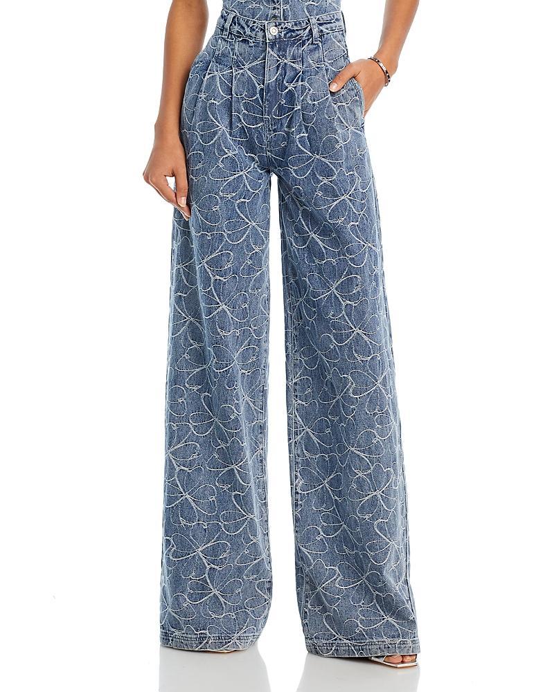 Womens Adley Floral-Embroidered Denim Wide-Leg Jeans Product Image