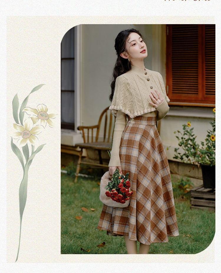 Set: Long-Sleeve Button-Up Plain Knit Top + High Rise Plaid Maxi A-Line Skirt Product Image