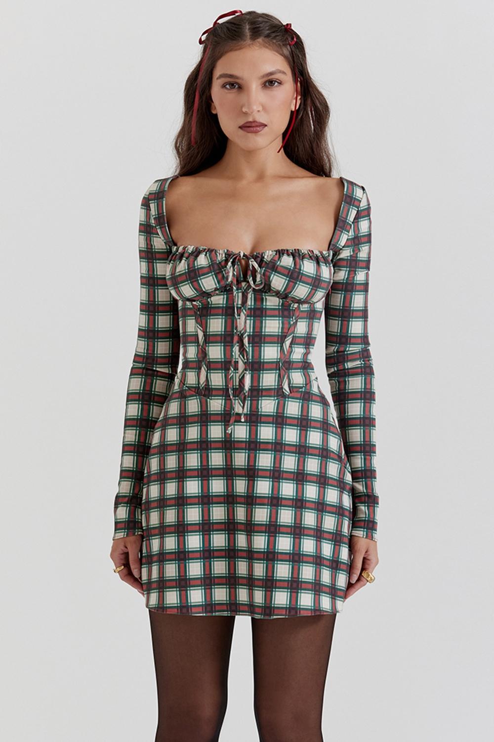 Eliza Red Tartan Corset Midi Dress - SALE Product Image