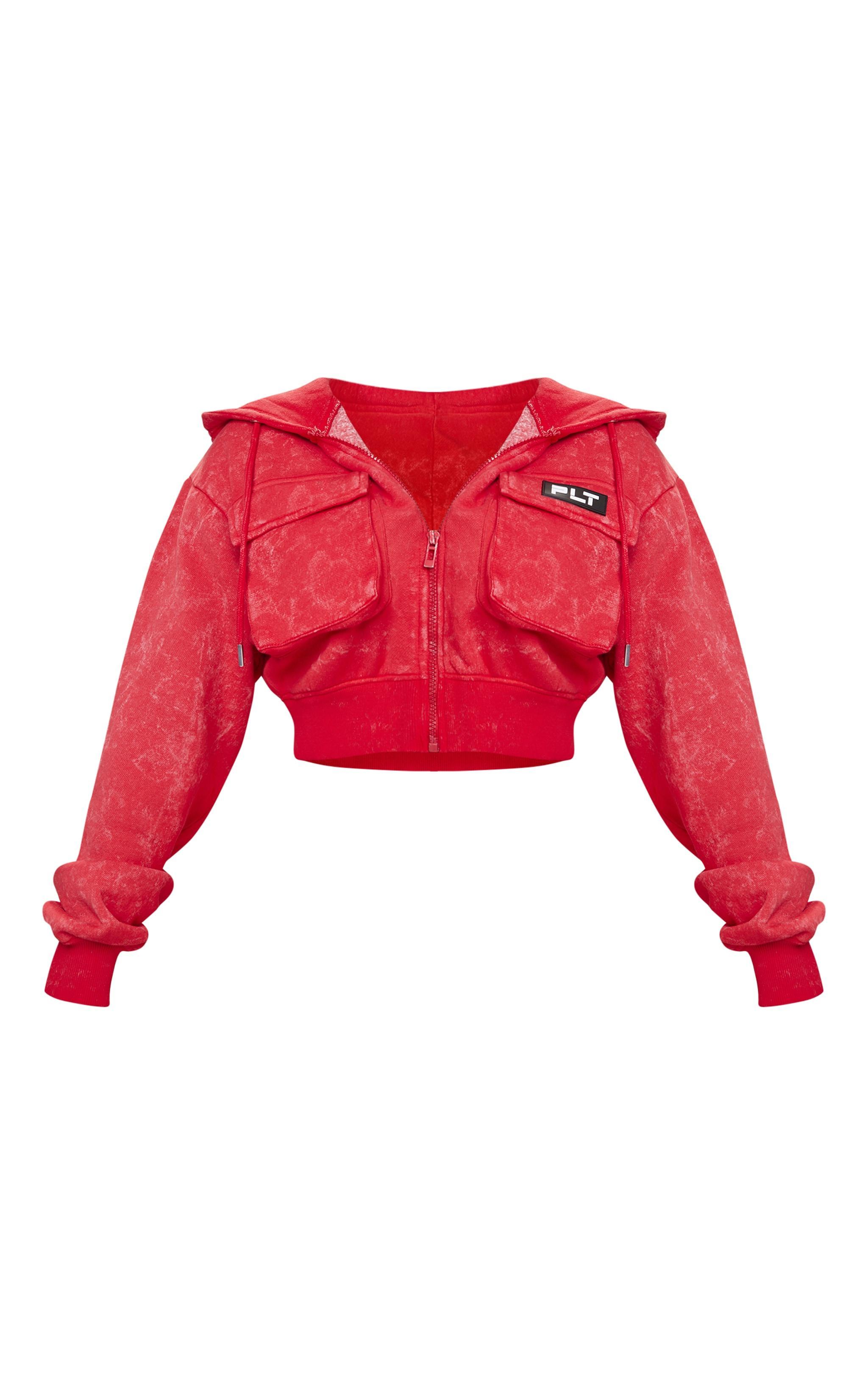 PRETTYLITTLETHING Shape Washed Red Shape Cargo Cropped Hoodie Product Image