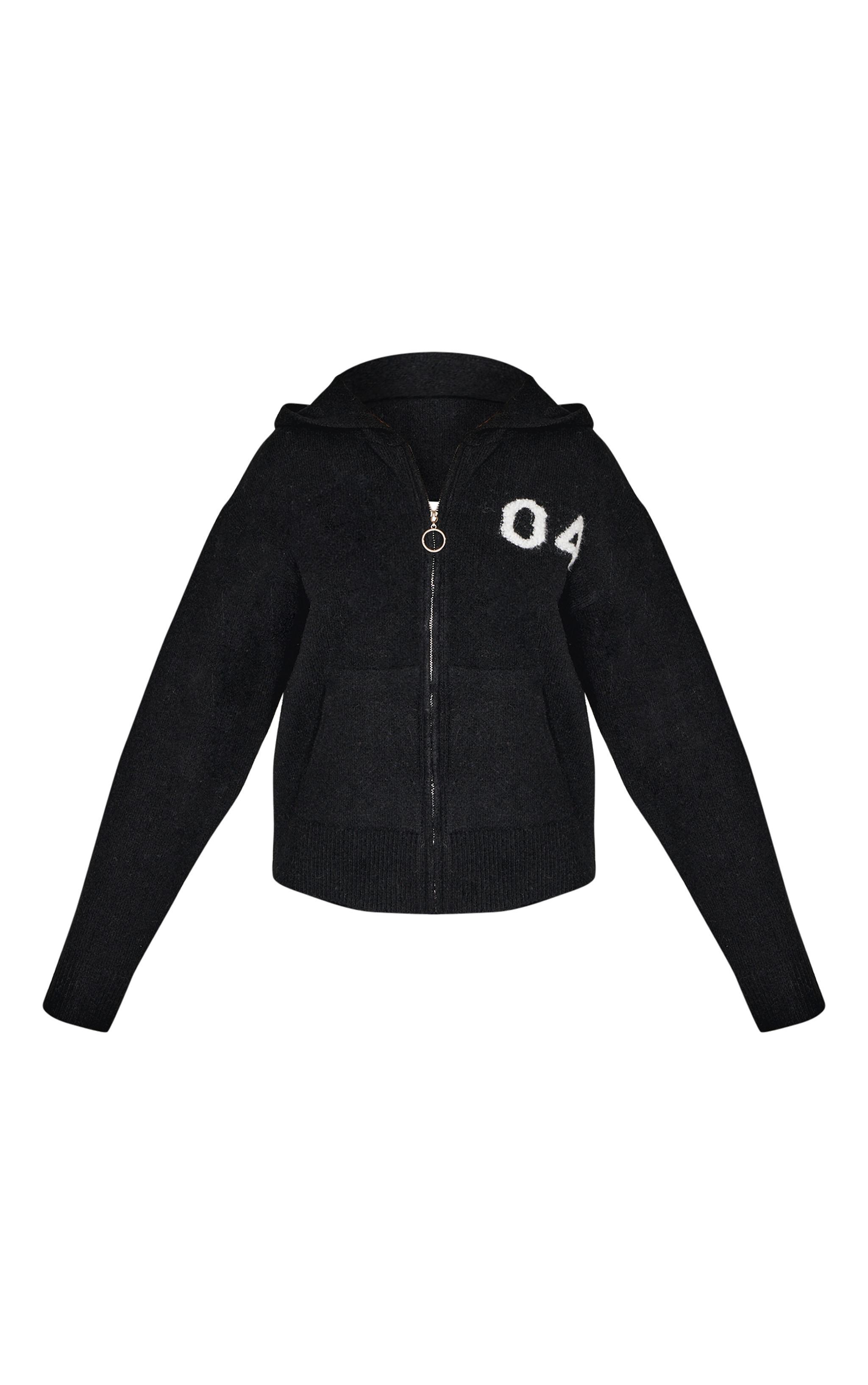 Petite Black Knitted Zip Up Embroidered Hoodie Product Image