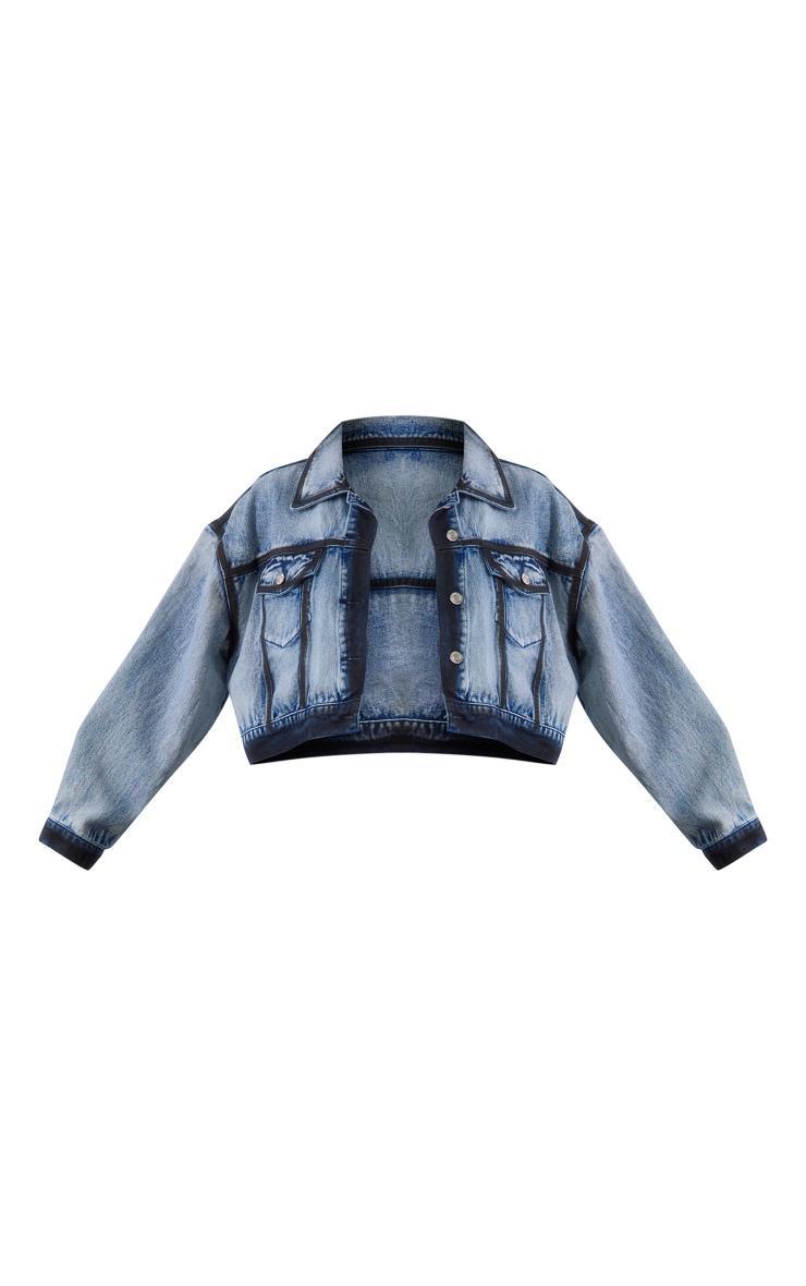 Indigo Blue Wash Contrast Edge Washed Down Cropped Denim Jacket Product Image