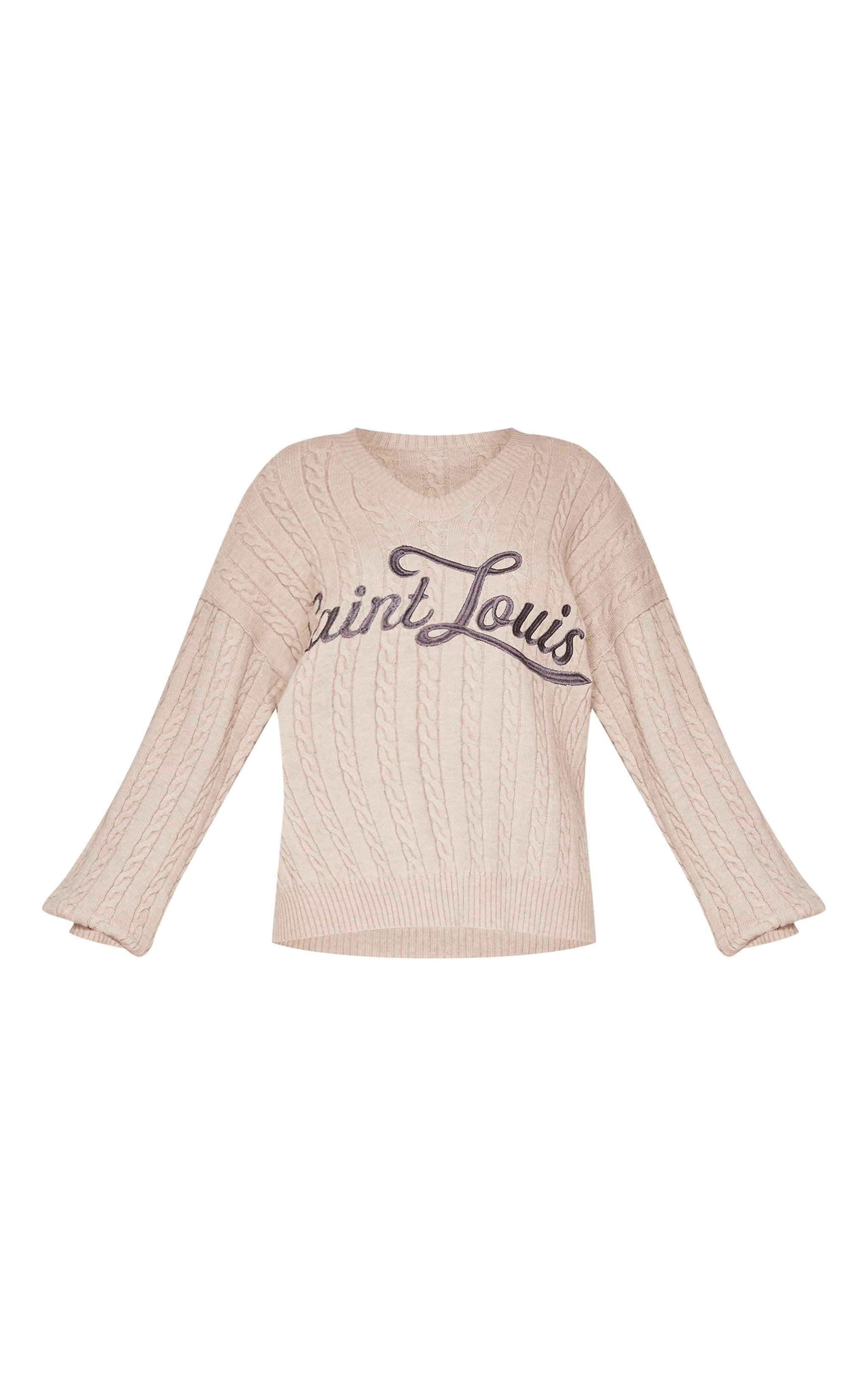 Mocha Cable Knit Embroidered V Neck Sweater Product Image