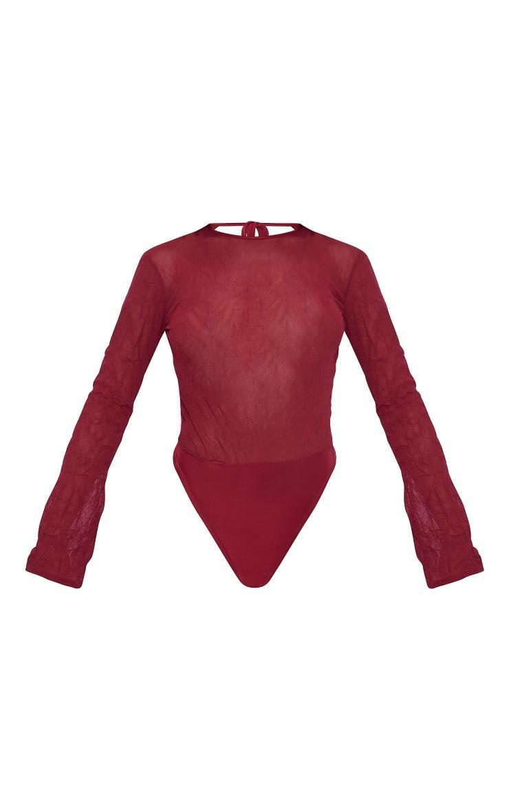 Red Textured Mesh Open Tie Back Detail Bodysuit Product Image