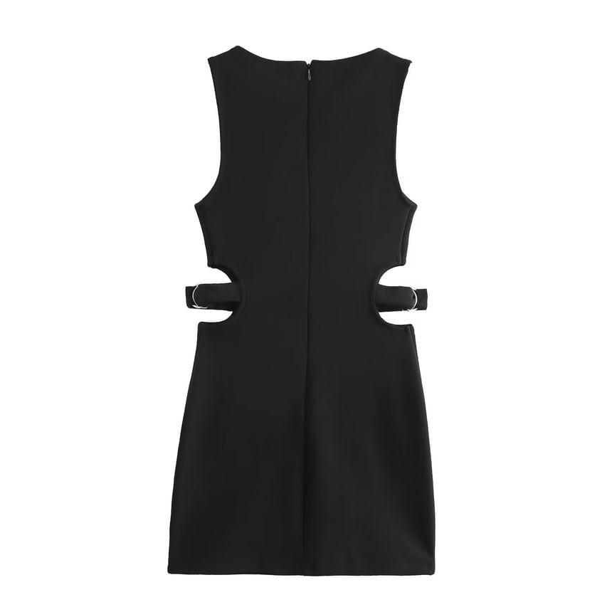 Sleeveless Boat Neck Plain Cutout Mini A-Line Dress Product Image