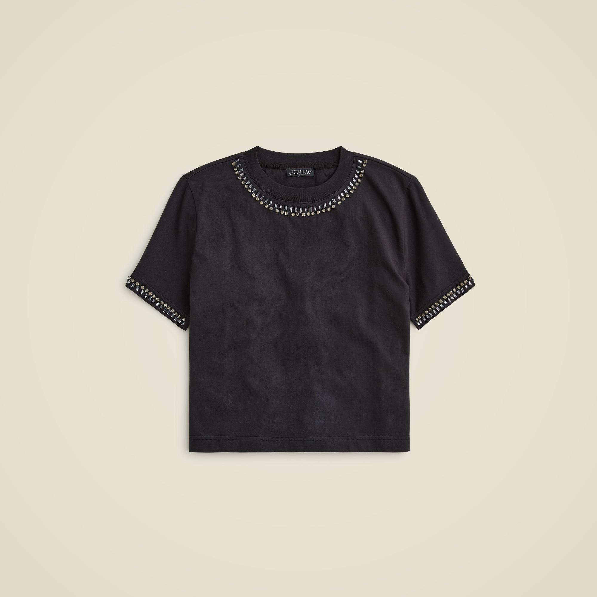 Relaxed crystal-embellished cropped T-shirt in heavy jersey Product Image