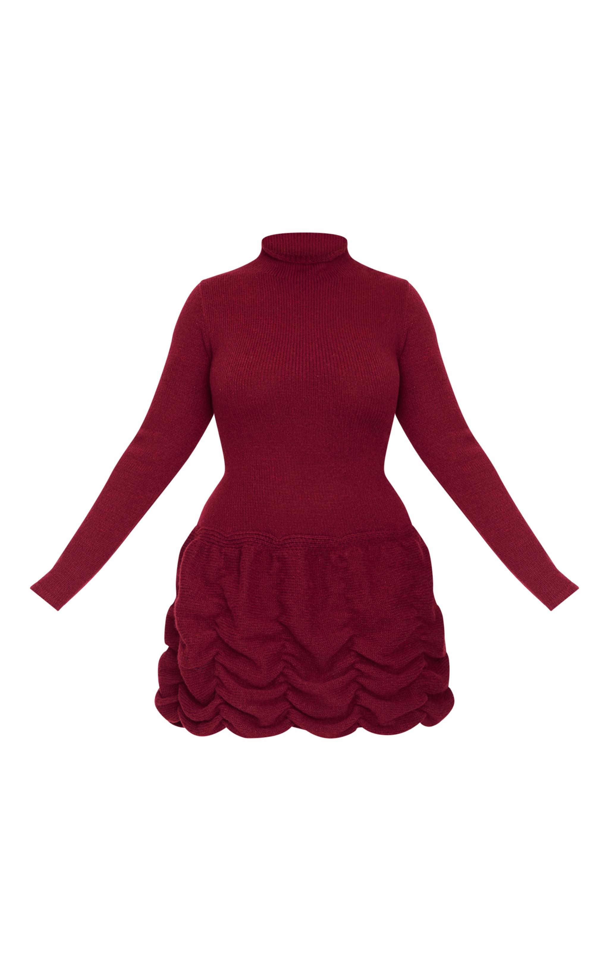 Plus Burgundy High Neck Knitted Puffball Mini Dress Product Image