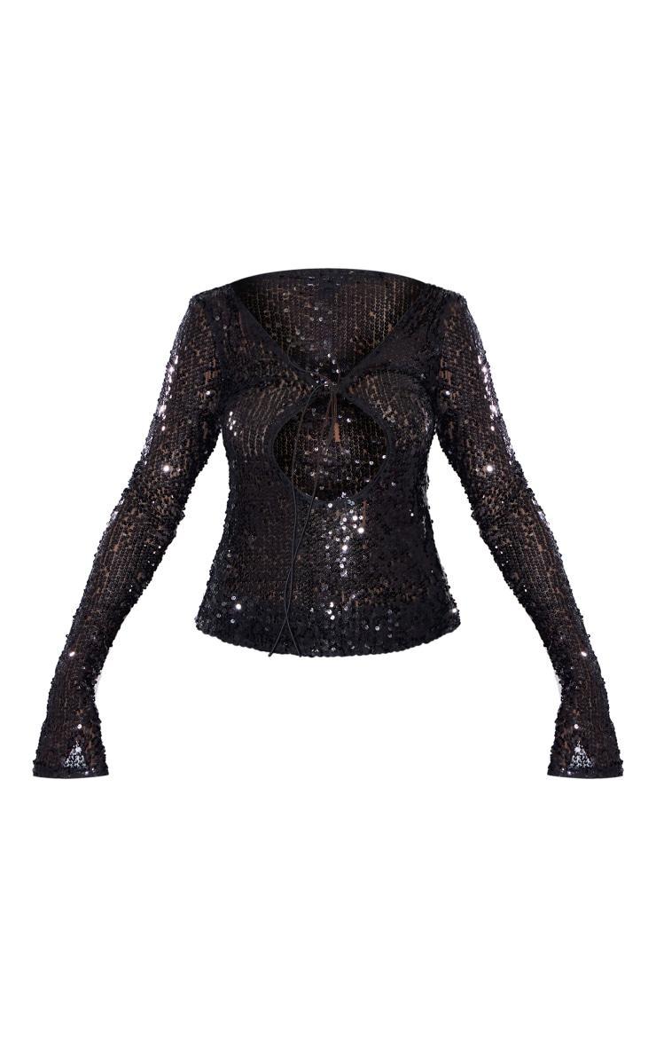 Black Sheer Sequin Plunge Tie Front Cut Out Long Sleeve Long Top Product Image