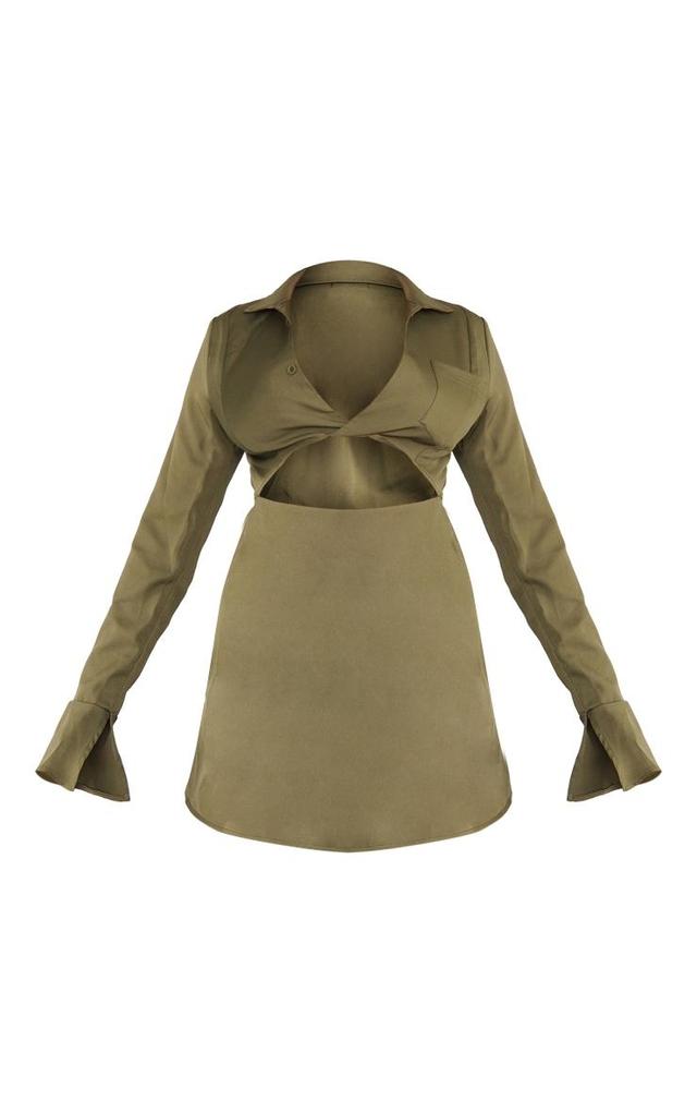 Khaki Collar Detail Cut Out Flare Sleeve Shift Dress Product Image