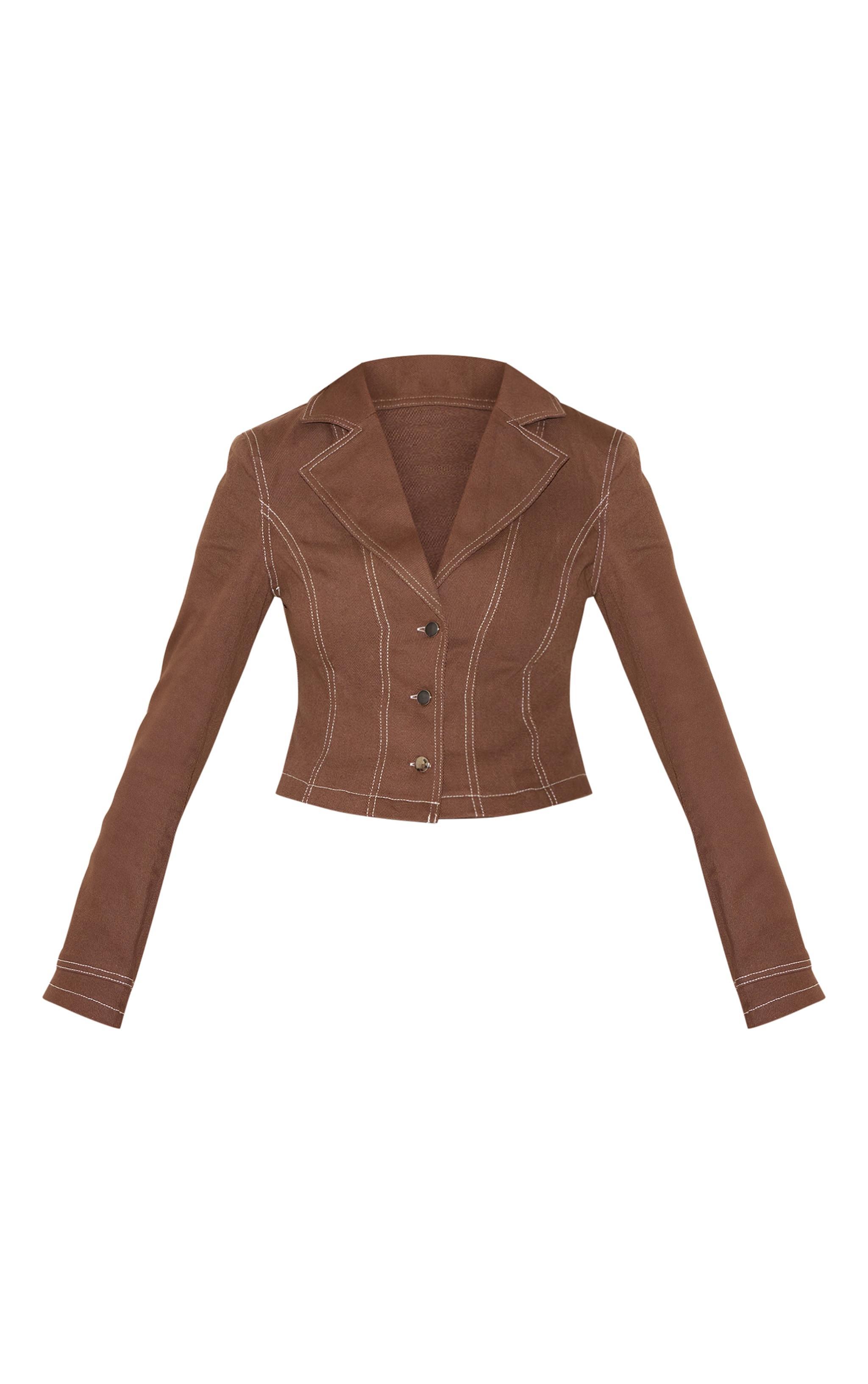 Chocolate  Twill Contrast Stitch Cinched Waist Jacket Product Image