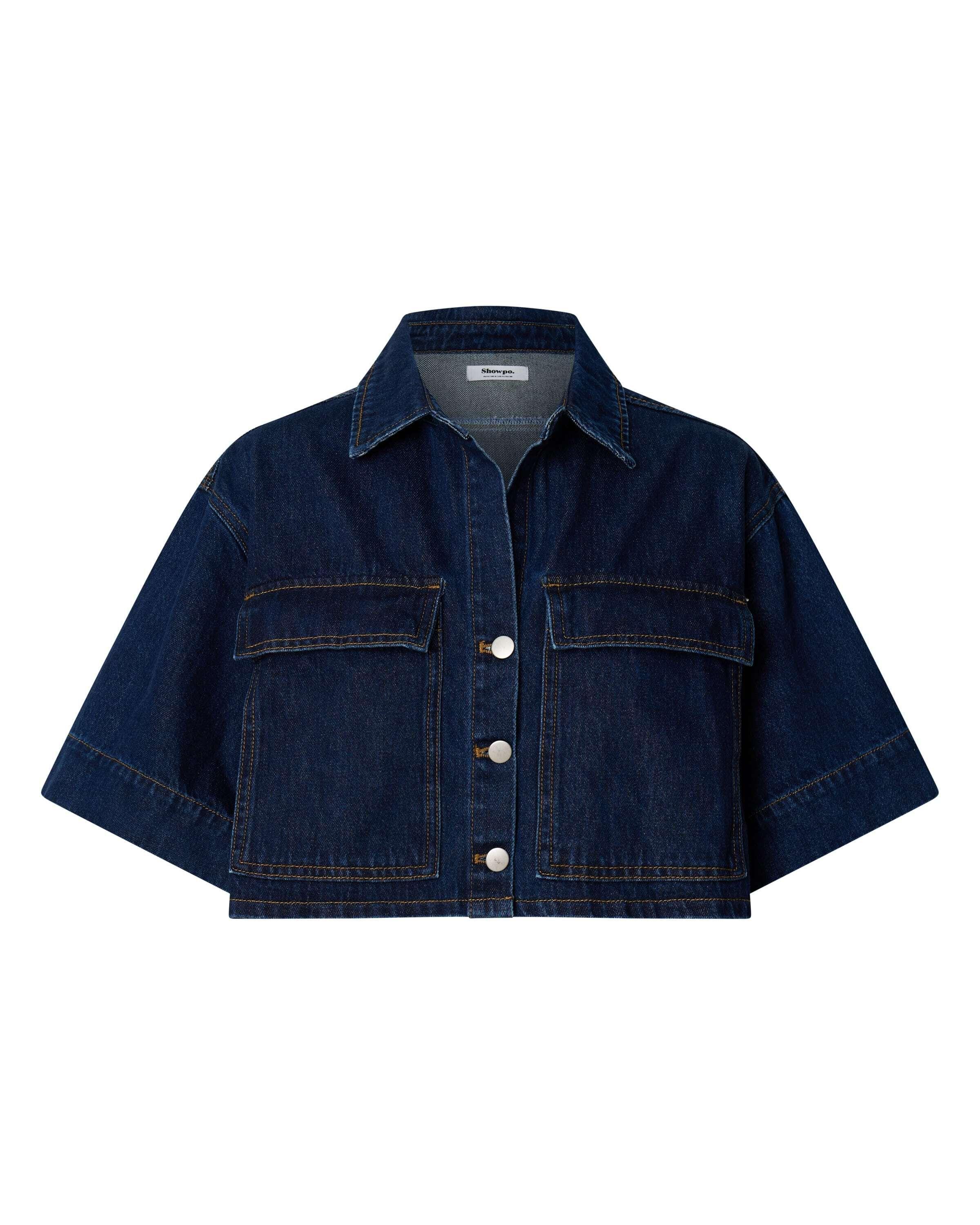 Katherine Top - Crop Button Down Collared Recycled Denim Short Sleeve Top in Dark Blue Wash Product Image