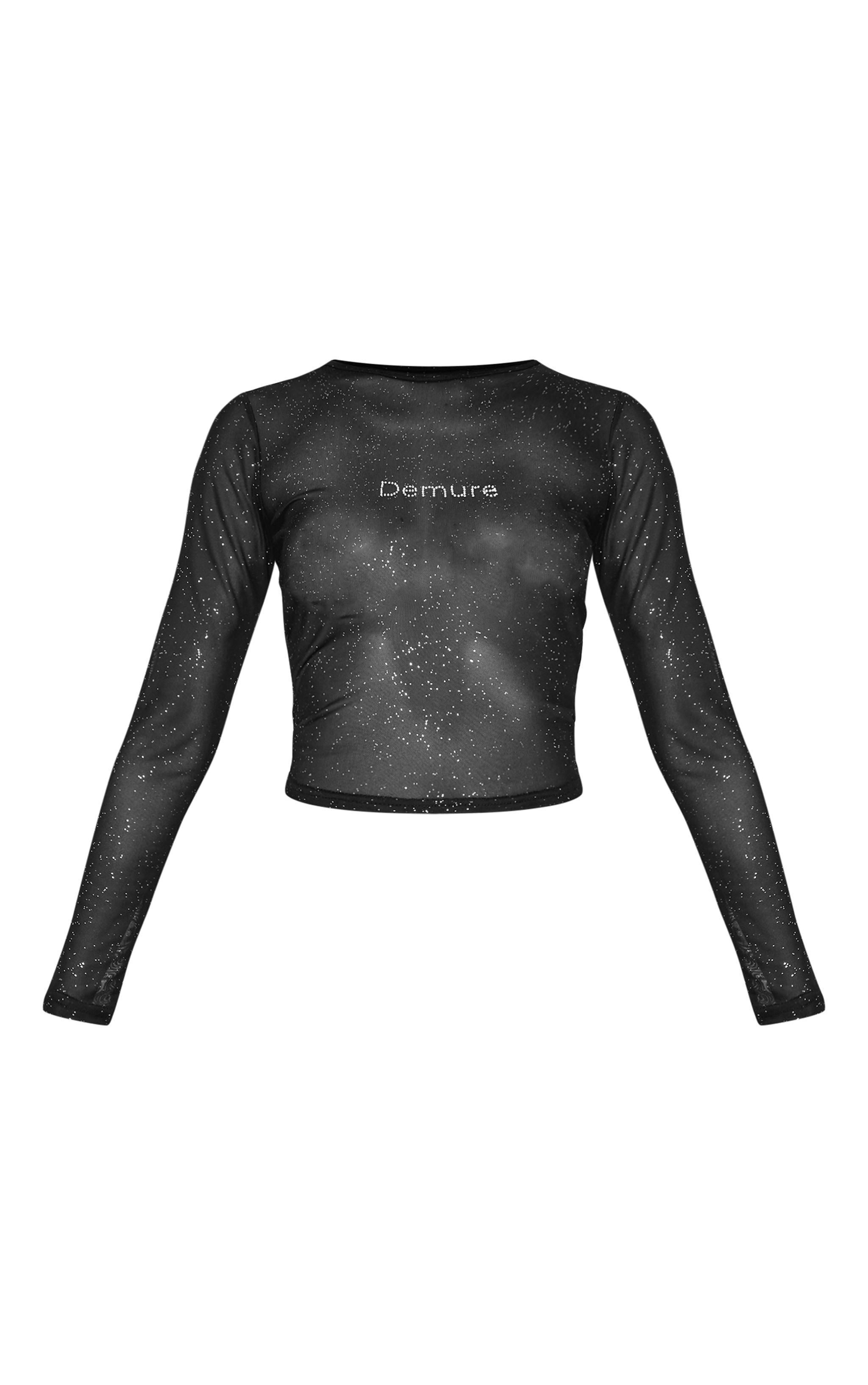 Petite Black Demure Diamante Detail Mesh Top Product Image