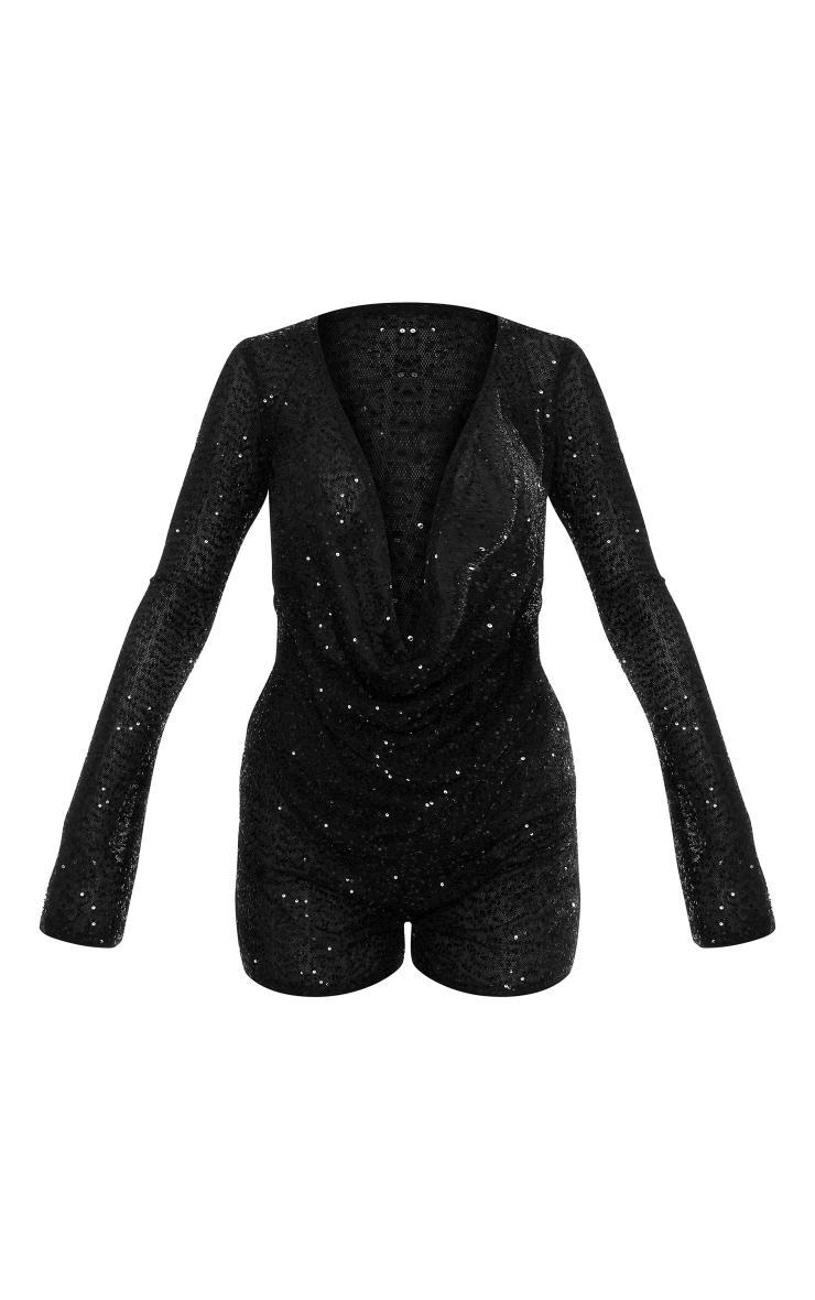 Black Sequin Cowl Neck Long Sleeve Romper Product Image