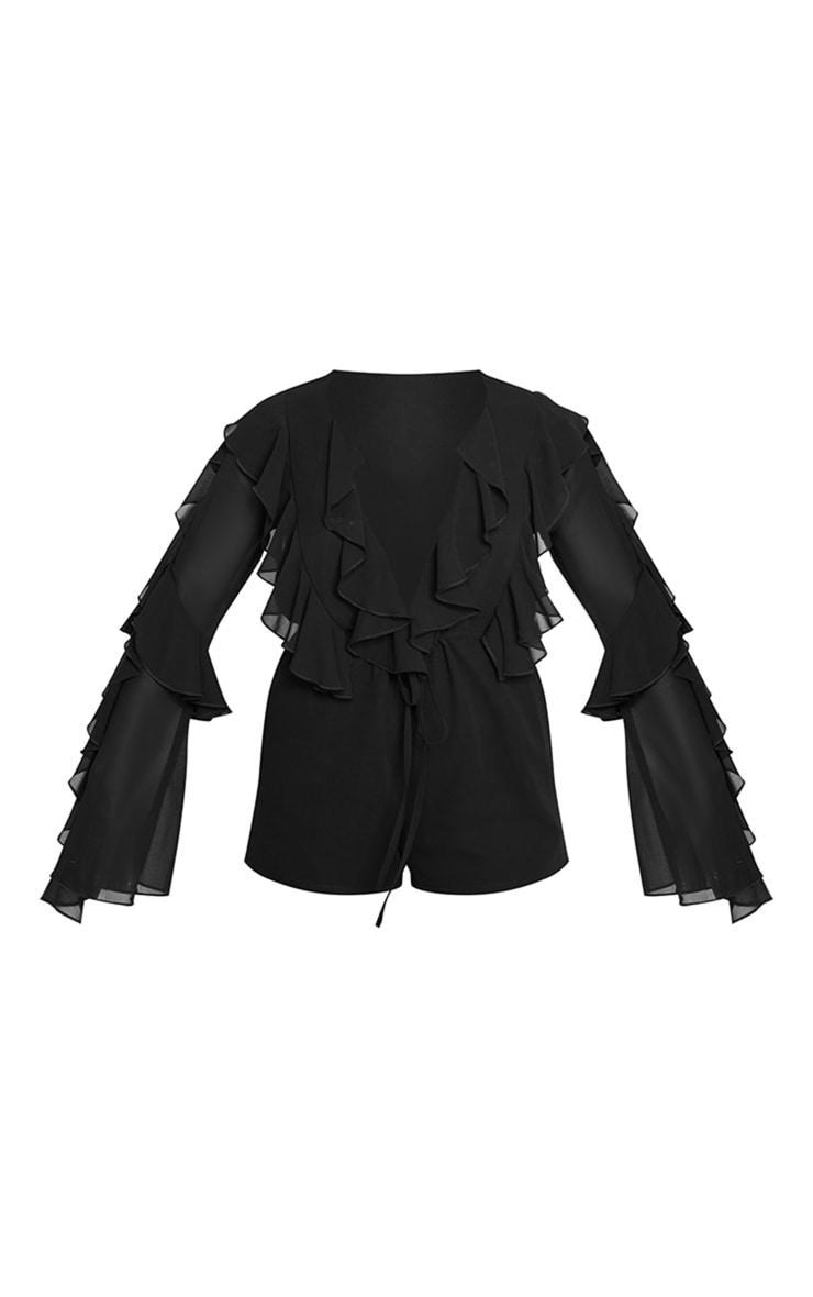 Black Ruffle Detail Long Sleeve Plunge Romper Product Image