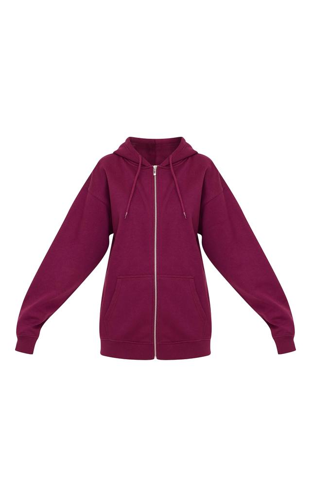 Plum Oversized Zip Up Plain Front Hoodie Product Image