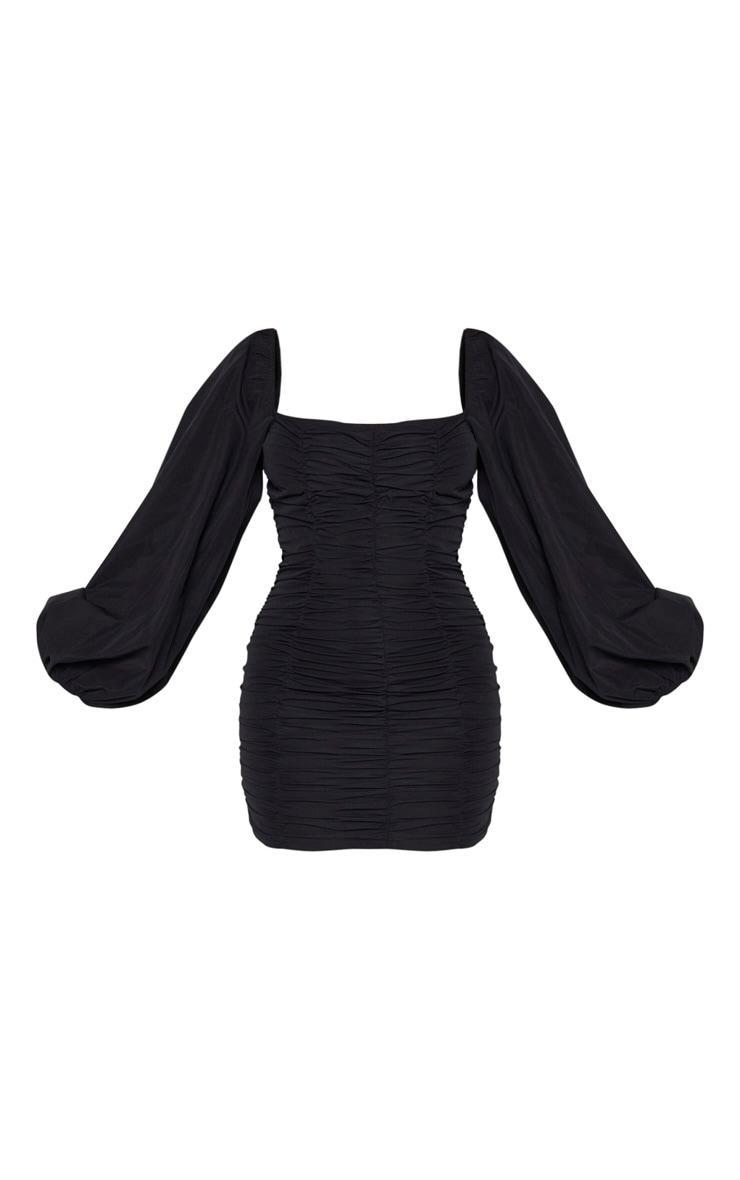 Black Balloon Sleeve Ruched Bodycon Dress Product Image