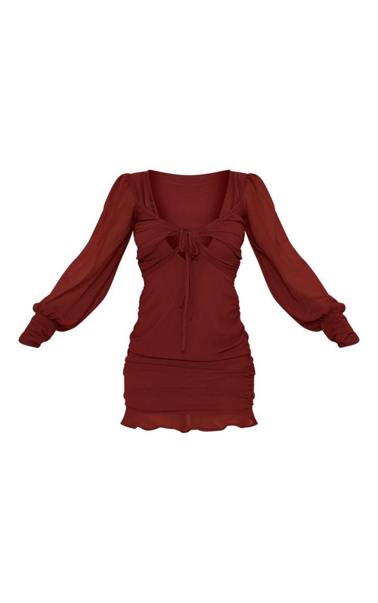 Chocolate Pleated Multi Tie Detail Long Sleeve Shirt Dress Product Image