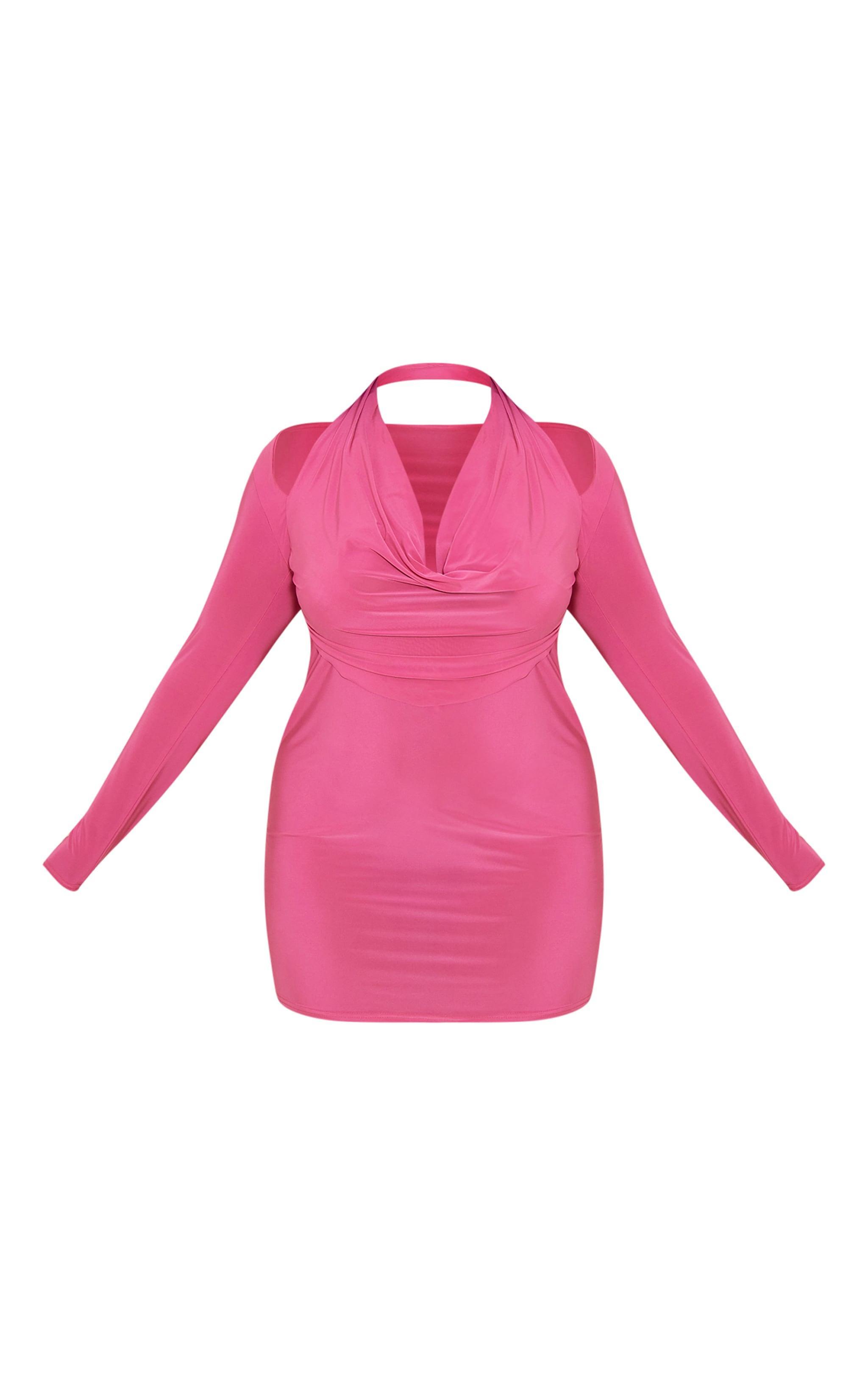 Plus Pink Cowl Neck Long Sleeve Bodycon Dress Product Image