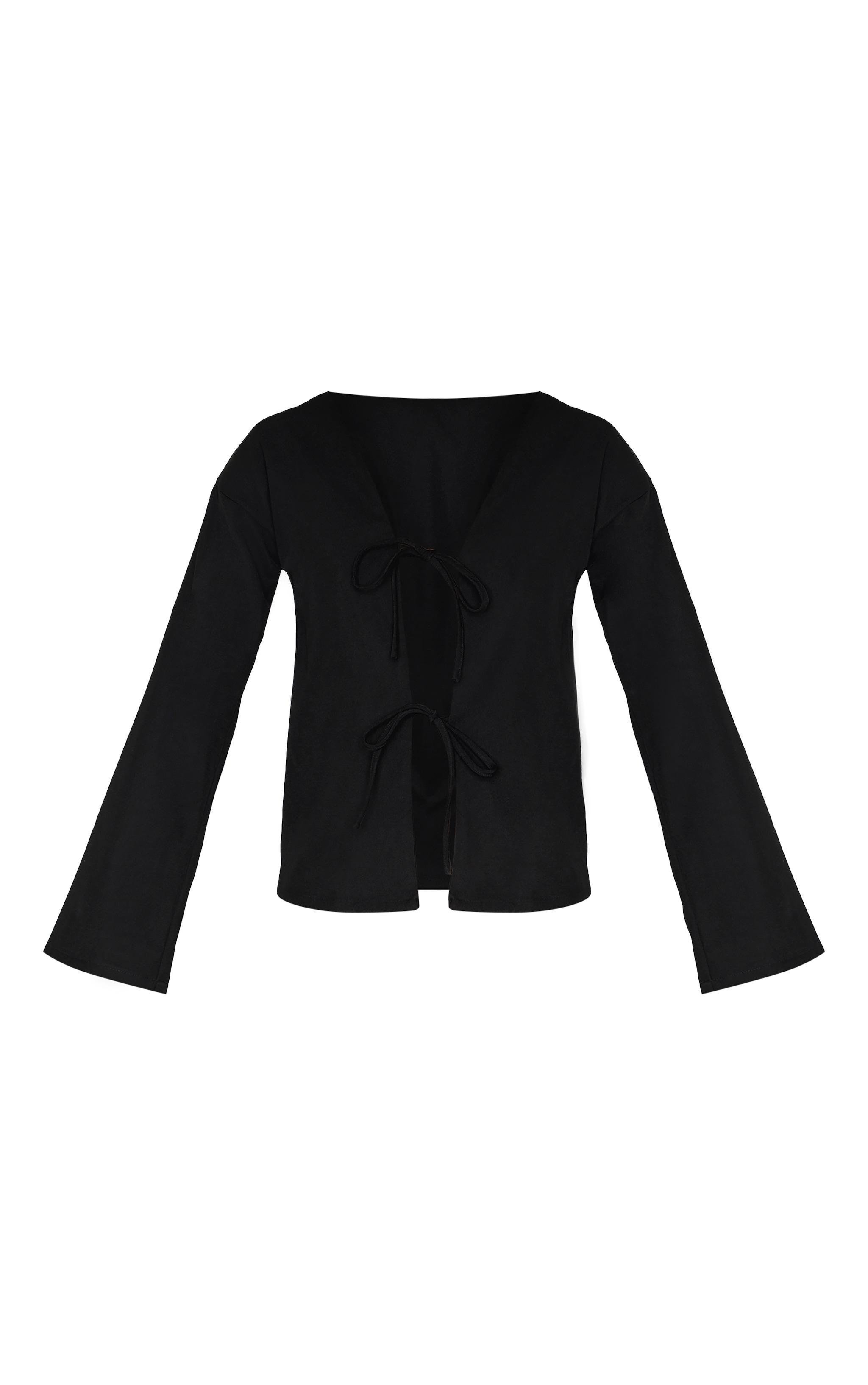 Black Woven Tie Front Flared Sleeve Shirt Product Image