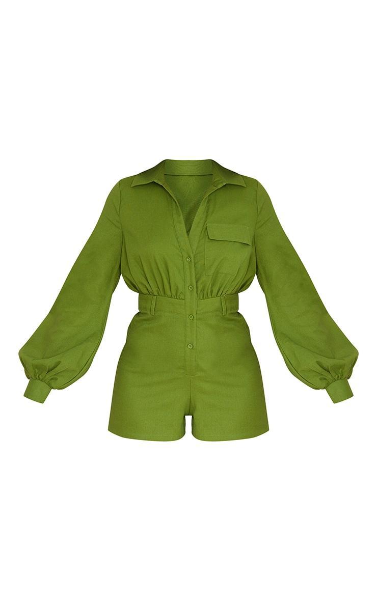 Olive Linen Look Shirt Romper Product Image