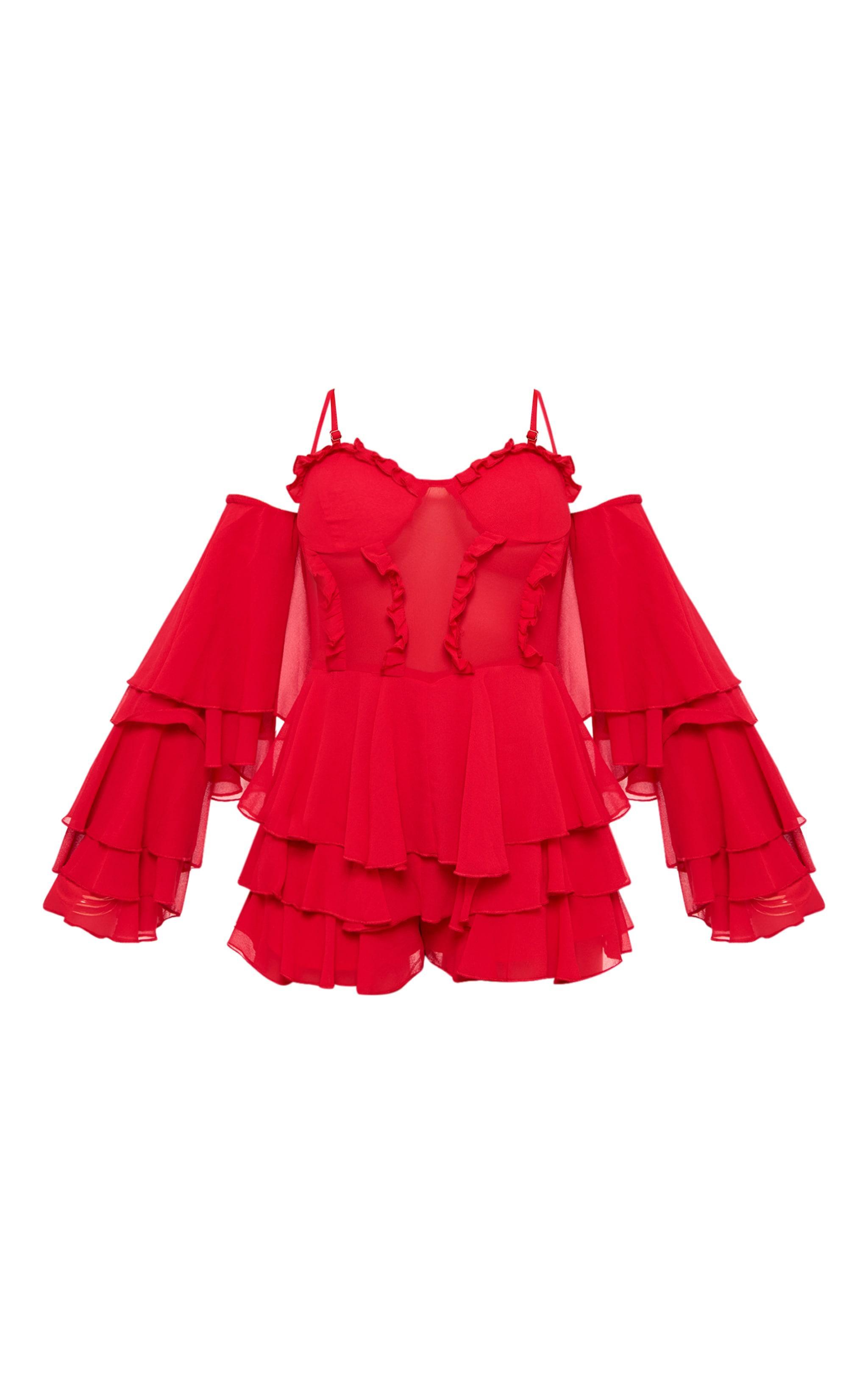 Red Ruffle Detail Chiffon Frilly Skort Romper Product Image