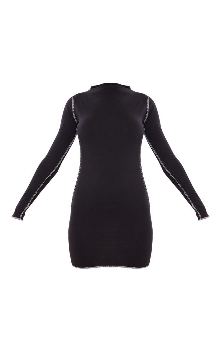 Black Cotton Contrast Seam Long Sleeve Bodycon Dress Product Image