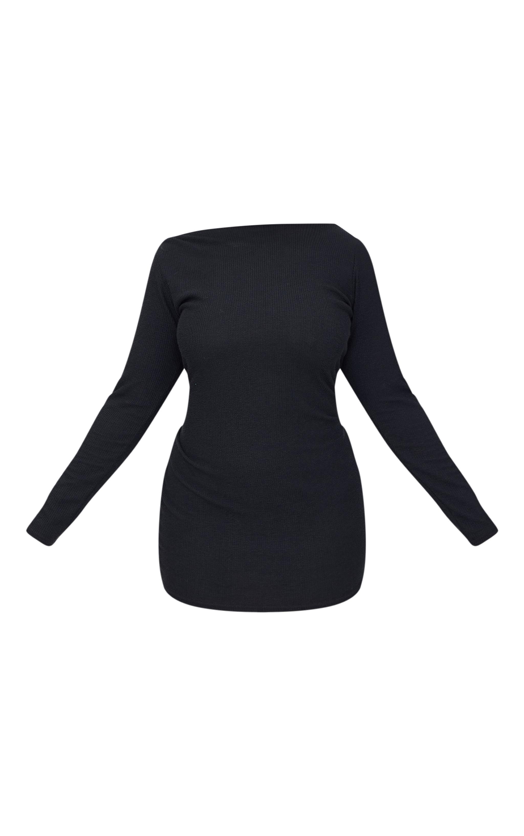 Plus Black Slash Neck Long Sleeve Ribbed Mini Dress Product Image