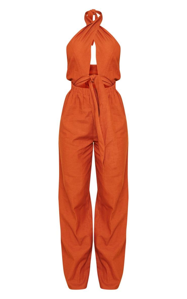 Rust Linen Look Cross Halter Detail Cut Out Jumpsuit Product Image