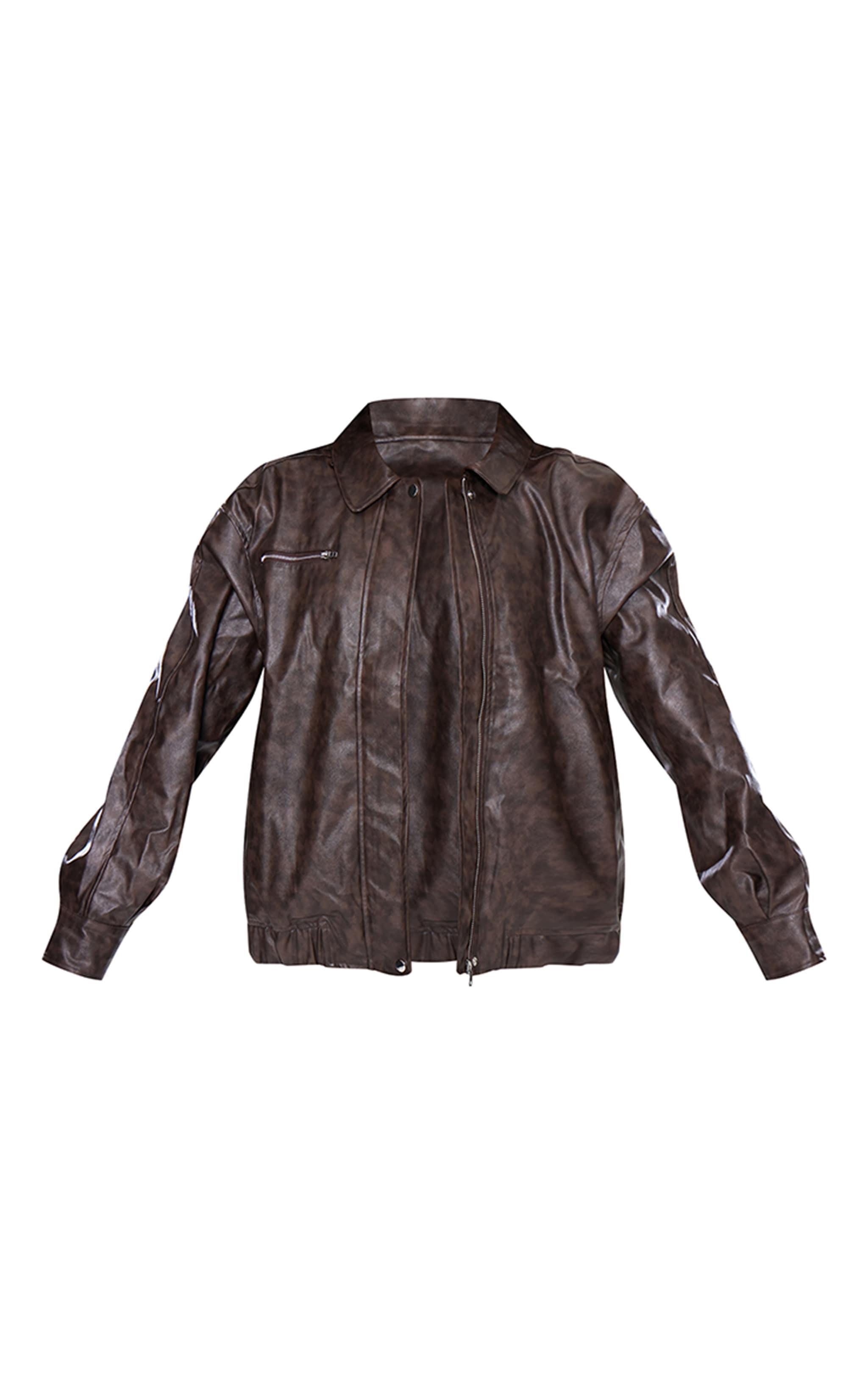 Brown Faux Leather Vintage Look Bomber Jacket Product Image