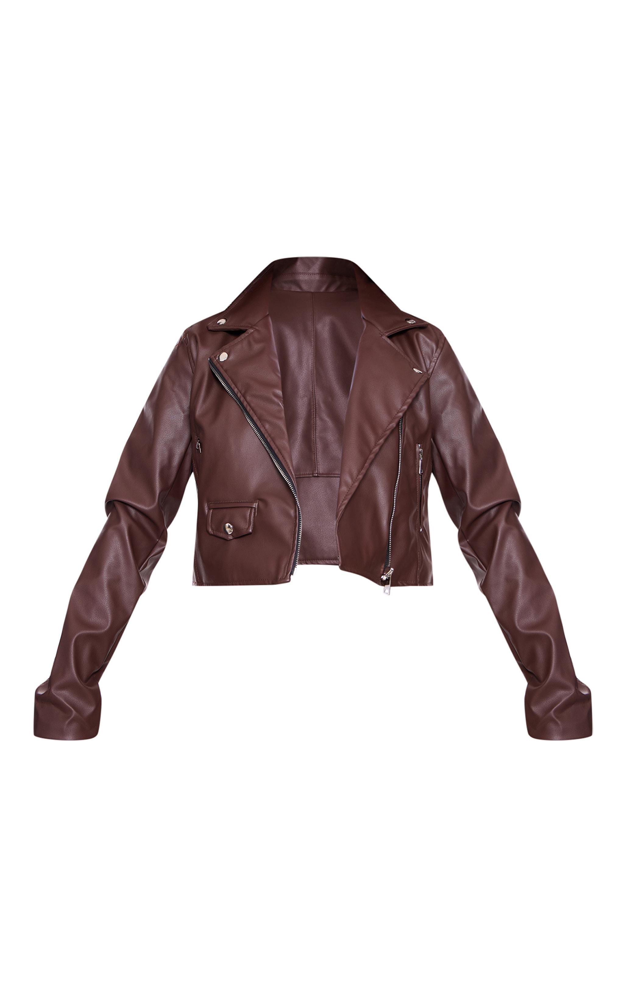 Chocolate Basic Faux Leather Biker Jacket Product Image