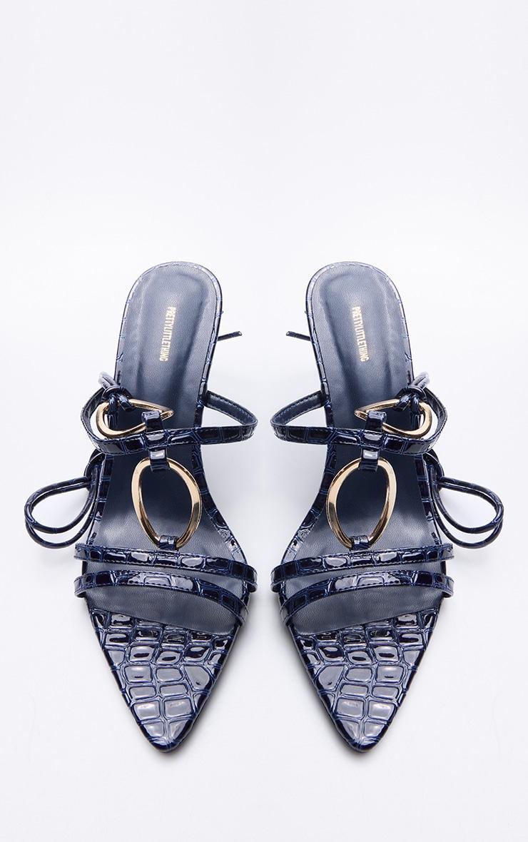 Blue Croc Pu Point Toe Ring Detail Lace Up Heeled Sandals Product Image