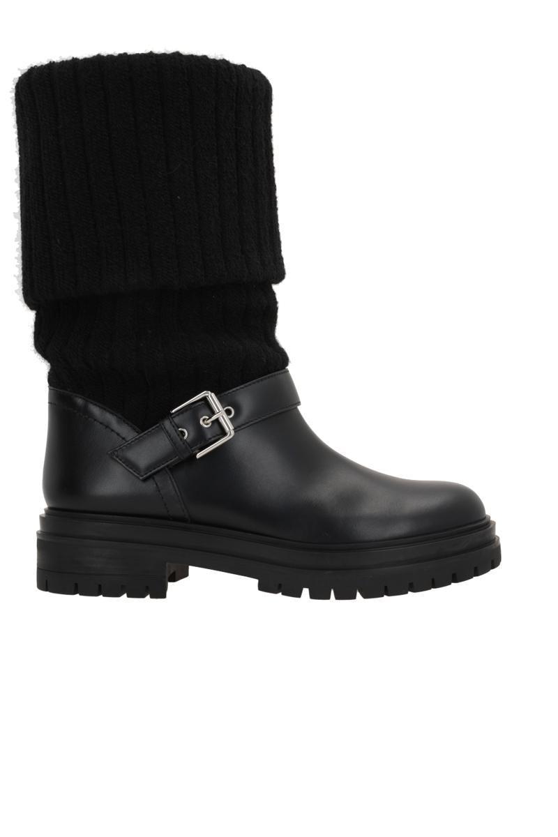 Leather Knit Collar Moto Boots In Black+black Product Image