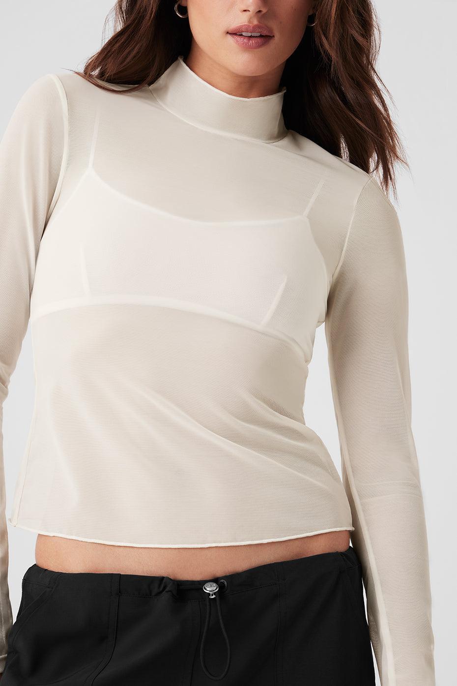 Mesh Sheer Illusion Mock Neck Long Sleeve - Ivory Female Product Image