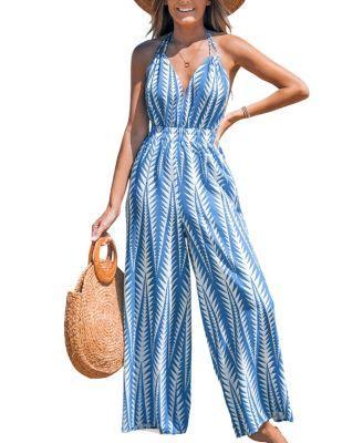 Cupshe Womens Blue Geo Sleeveless Straight Leg Jumpsuit Product Image