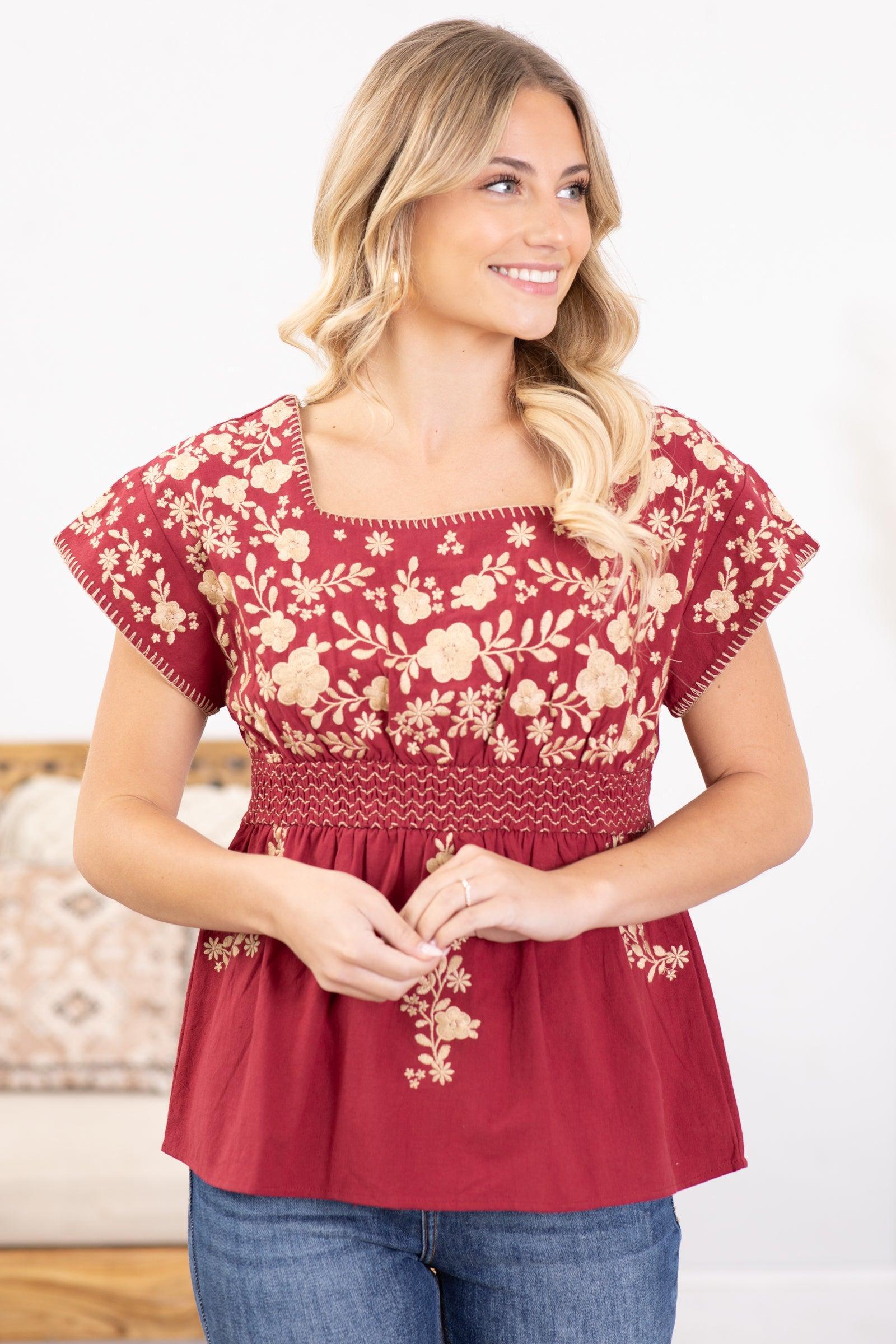 Maroon Floral Embroidery Babydoll Woven Top Product Image