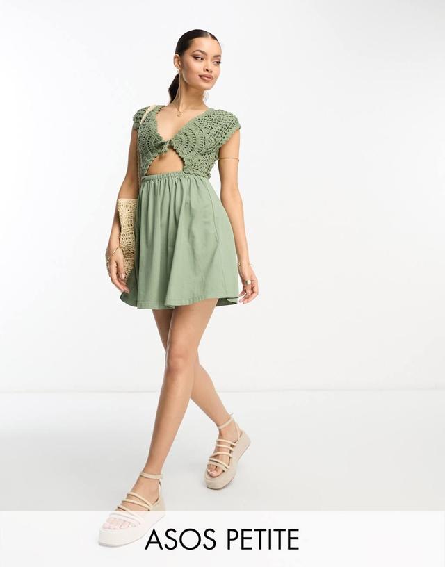 ASOS DESIGN Petite crochet mix mini dress with tie detail in khaki Product Image